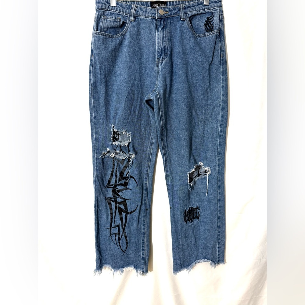 Dolls Kill Current Mood Death Growler Distressed High Rise Straight Leg Jeans